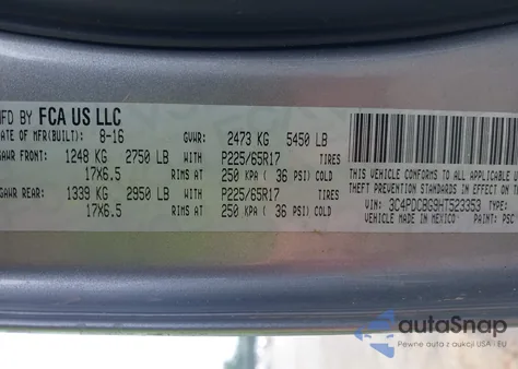 2017 Dodge Journey Sxt z USA, uszkodzony, nr VIN 3C4PDCBG9HT523353